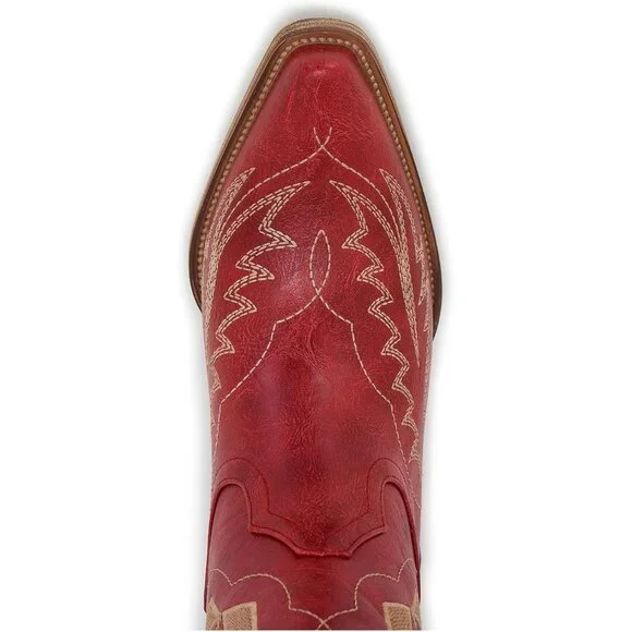 Women’s Faux Leather Mid Calf Red Embroidery Stacked Heel Western Boots - Picture 7 of 7